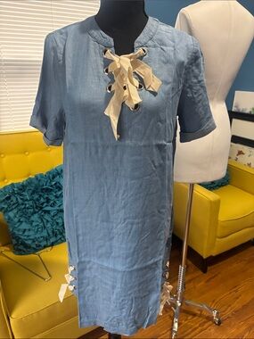 Vanilla Bay Light Blue Linen-Blend Lace-Up Shift Dress with Cream Ties